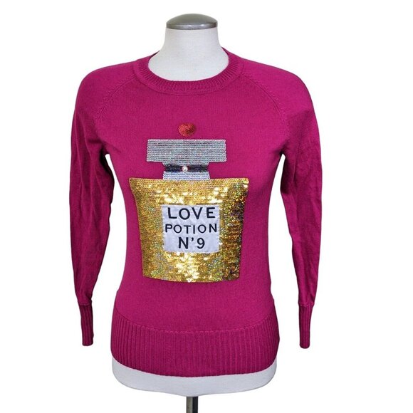 Womens Wool Blend Love Potion Sweater Medium Pink Embellished Ribbed Hem Cuff - Picture 1 of 7